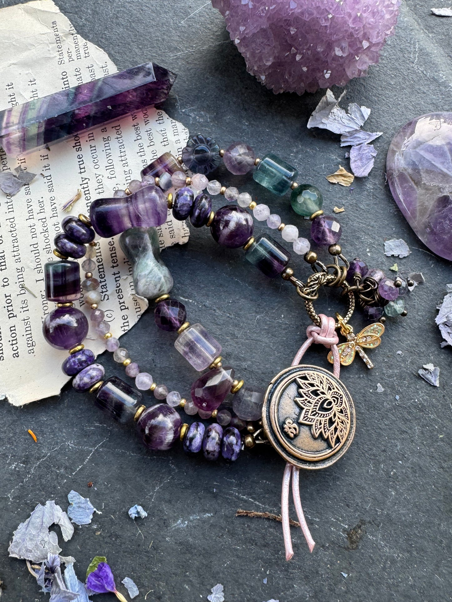 Lotus flower bronze button, fluorite stone, amethyst, sugalite, bracelet