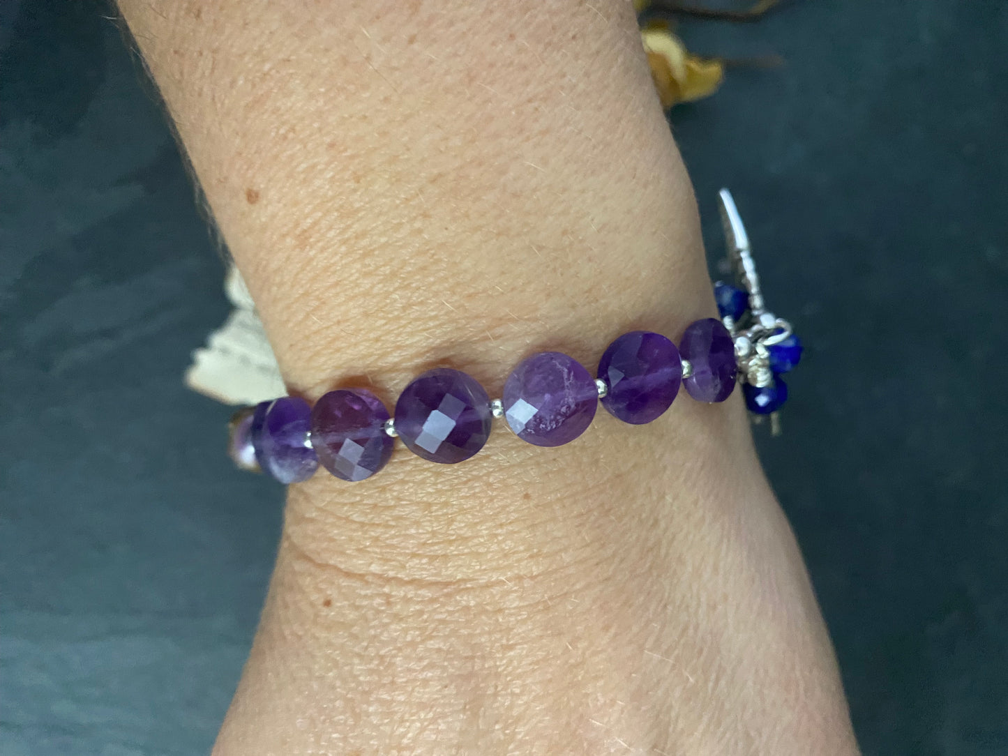 Amethyst stone, lampwork glass,lapis lazuli stone, silver metal, bracelet.