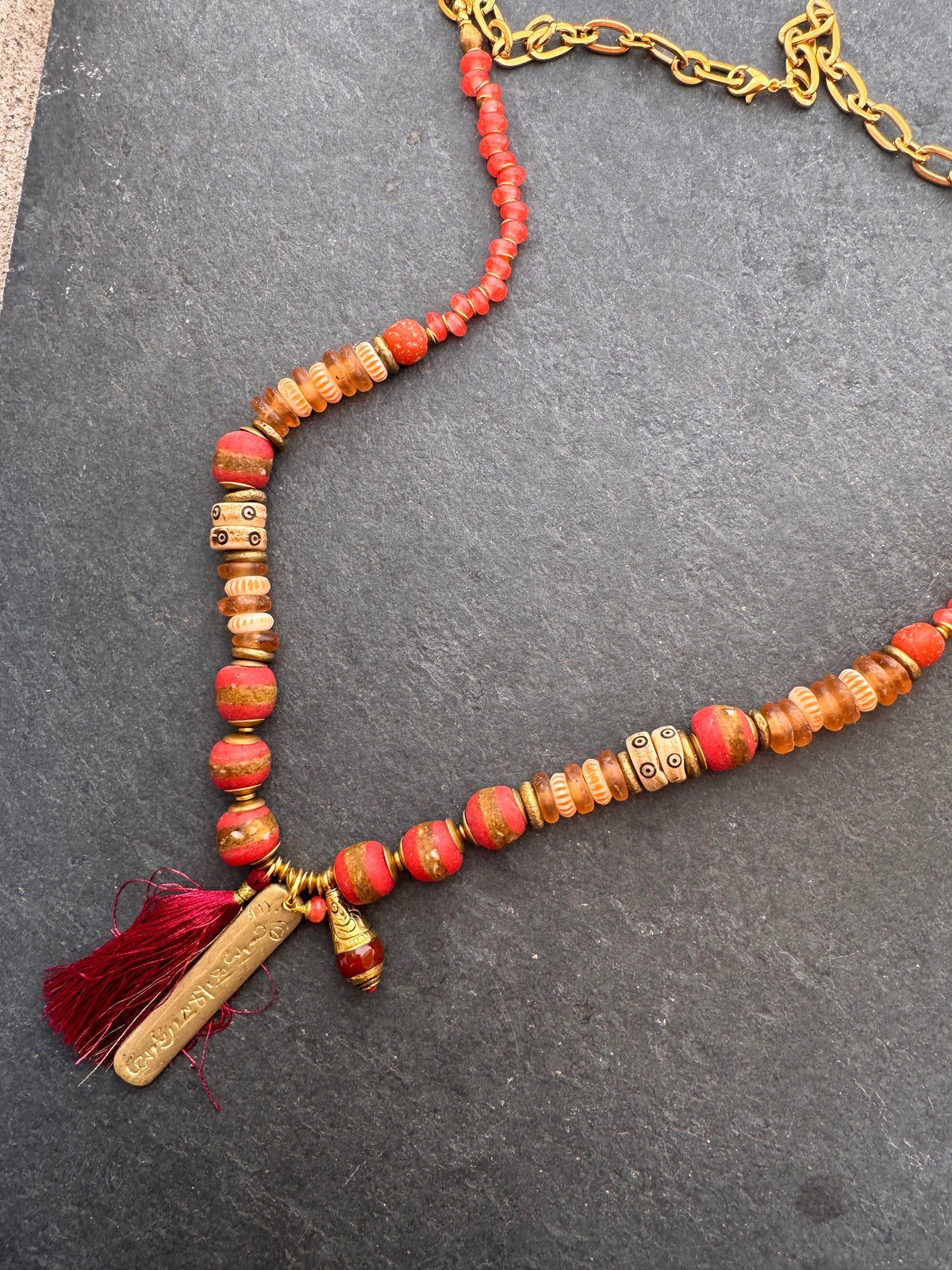 African Glass, wood, brass metal, necklace