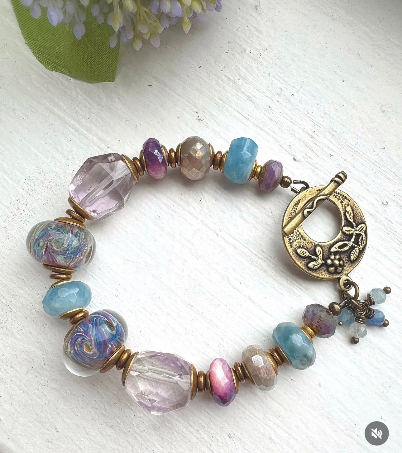 Spring dream. Mixed gemstone, lampwork glass, brass, bronze metal, bracelet