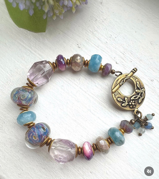 Spring dream. Mixed gemstone, lampwork glass, brass, bronze metal, bracelet