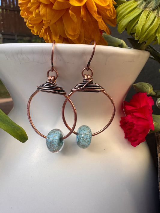 Handmade blue and copper sparkle lampwork glass, and copper metal hoop earrings