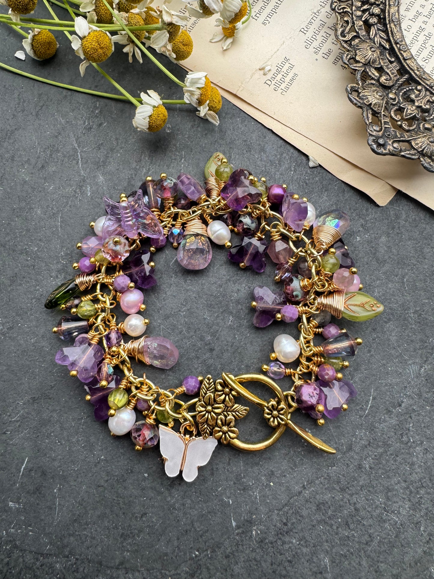 Amethyst, pearls, Czech glass, gold metal, butterfly bracelet.