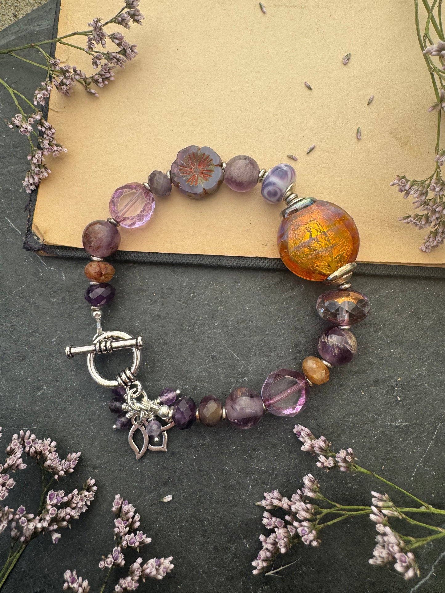 Lepidocrocite, amethyst, handmade lampwork glass, Czech glass, silver clasp, bracelet