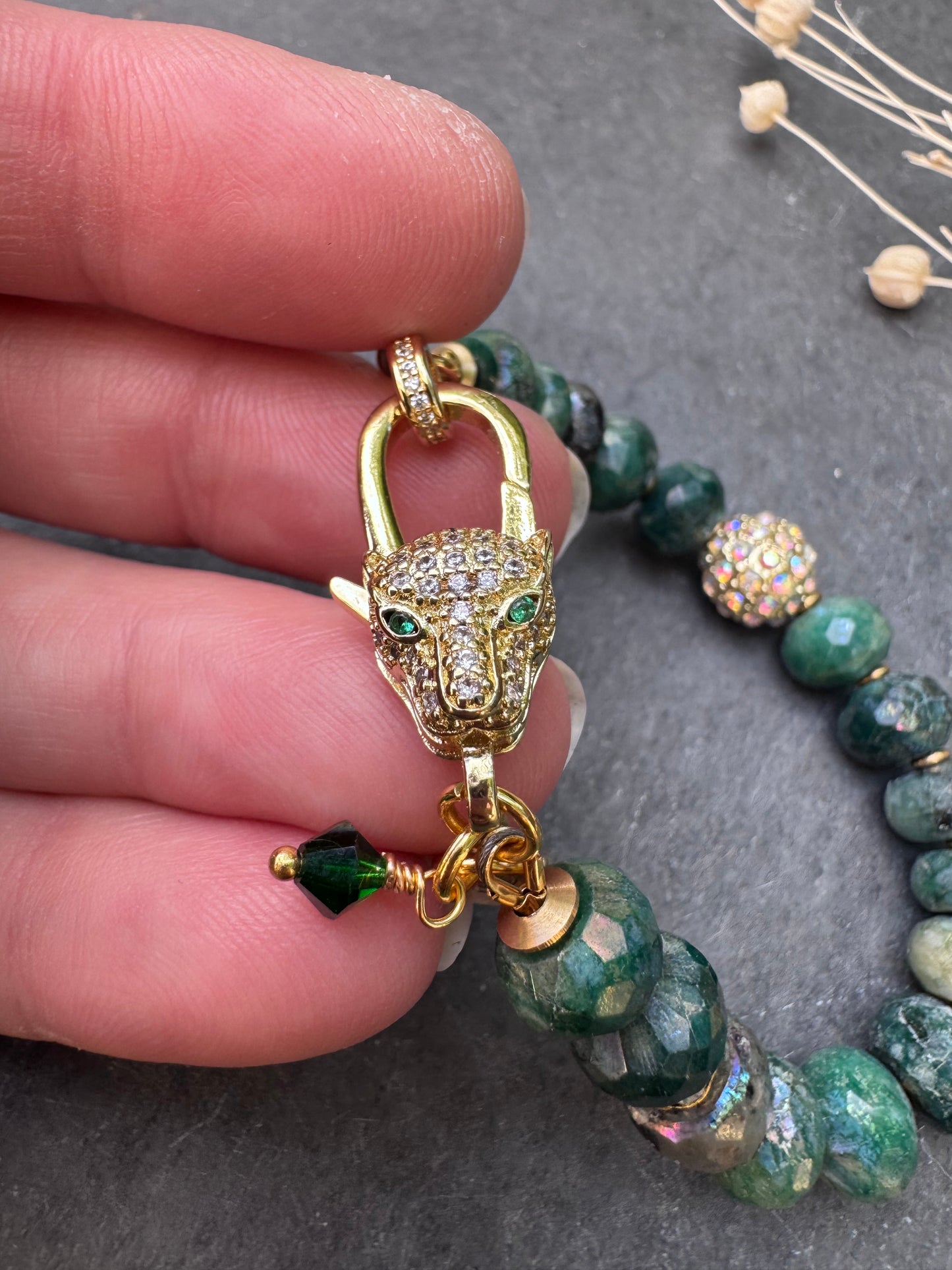 Emerald leopard. Emeralds, rhinestone, bracelet.