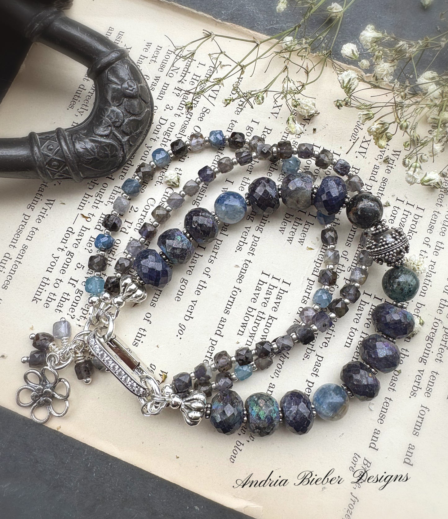 Iolite gemstone, kyanite gemstone and rhinestone, silver clasp, bracelet