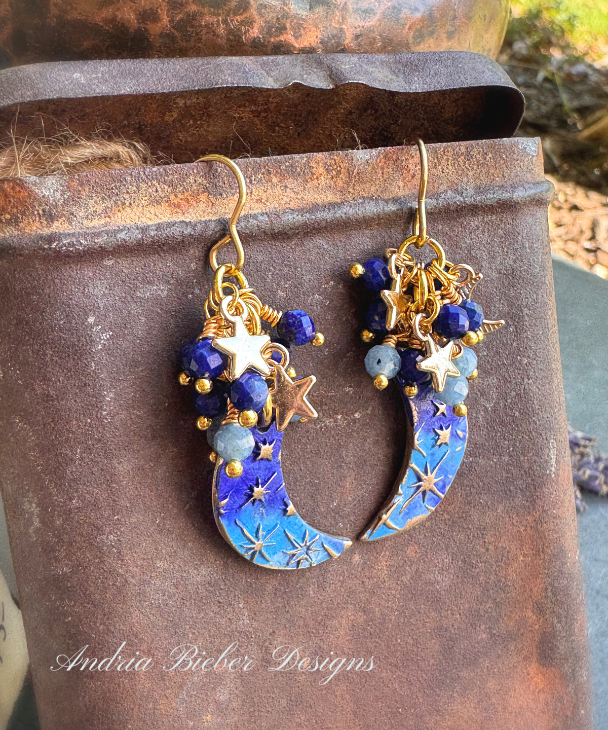 Lapis stone, aquamarine stone, ￼bronze and gold metal, blue moon earrings