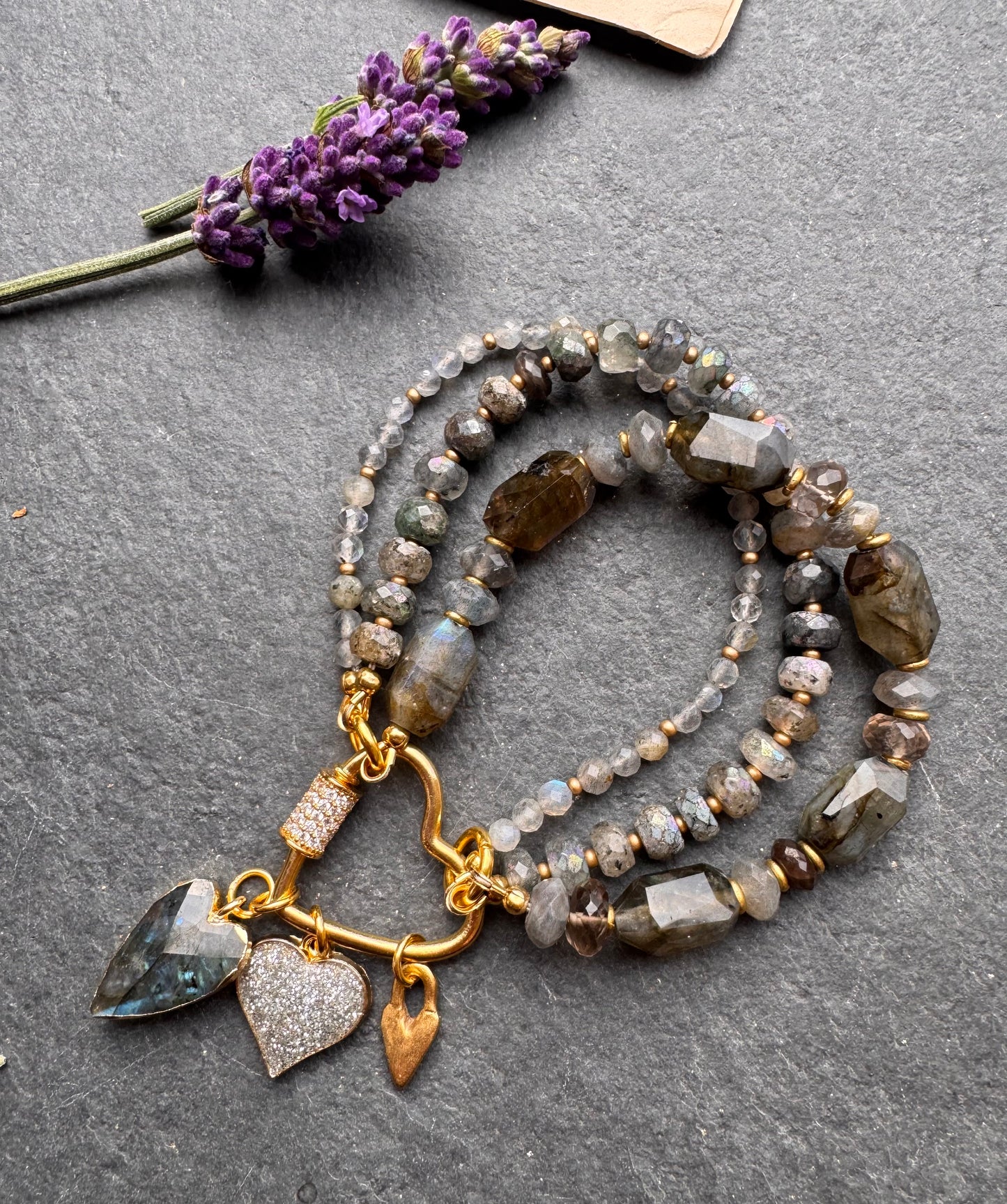 Labradorite faceted stone, rhinestone heart clasp, multi strand, charm, bracelet.