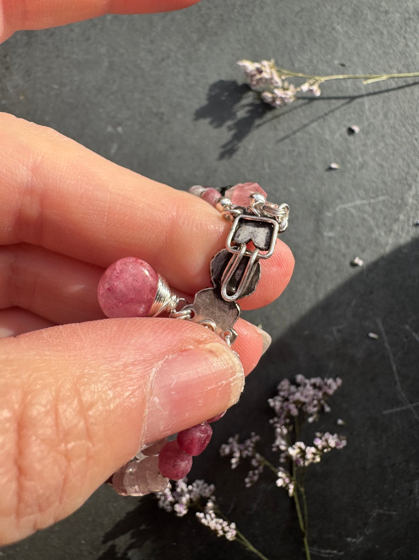 Watermelon tourmaline stone, rose quartz, pink tourmaline, strawberry quartz, sterling silver clasp.