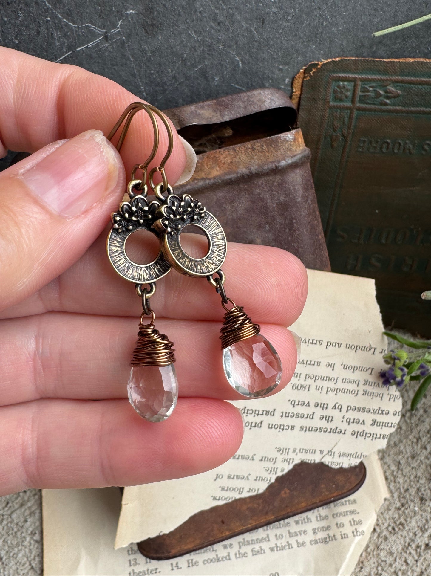 Green amethyst stone, brass flower charm, earrings