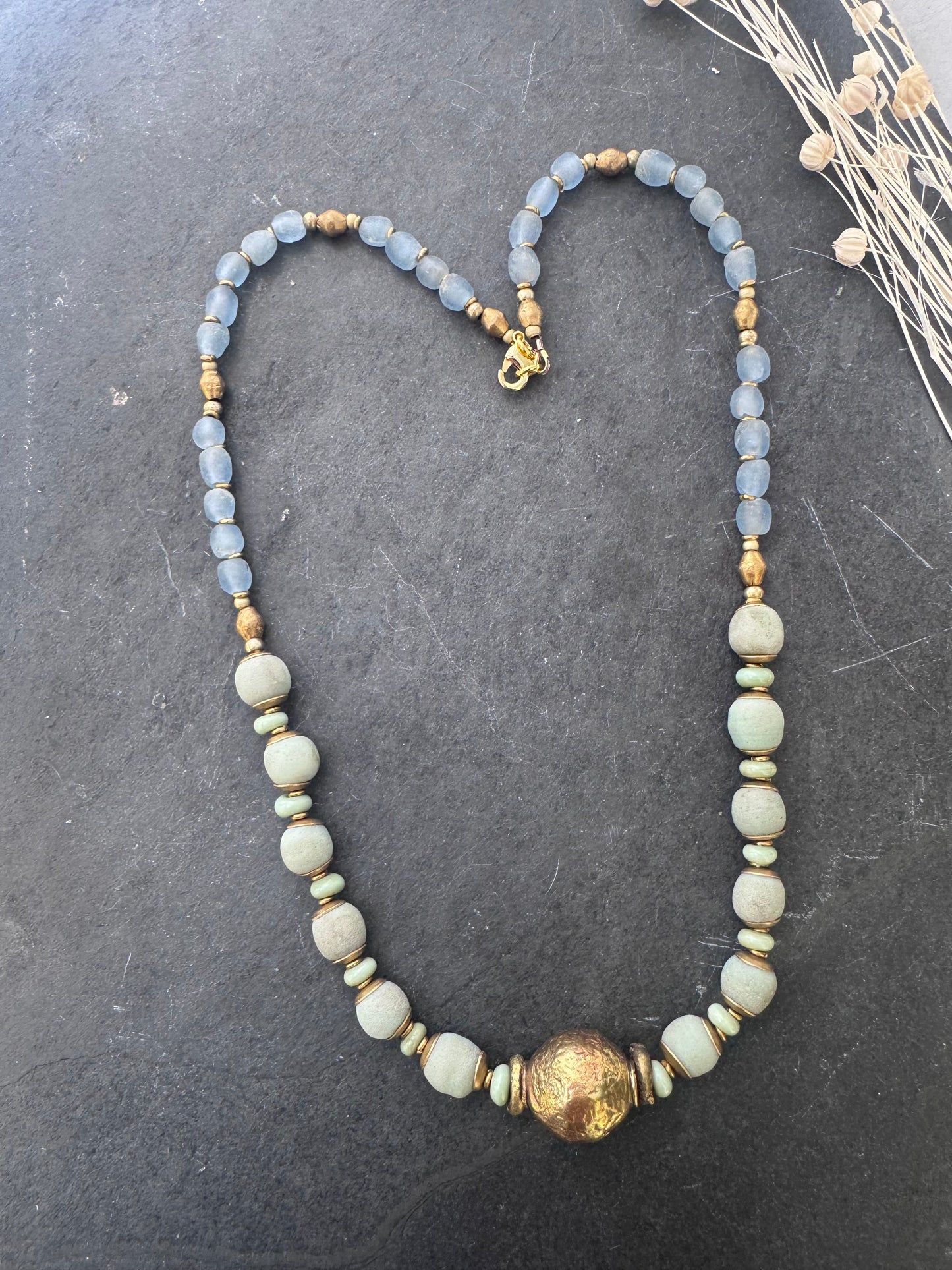 Green African java glass, brass metal, jewelry set. Necklace, earrings, bracelet