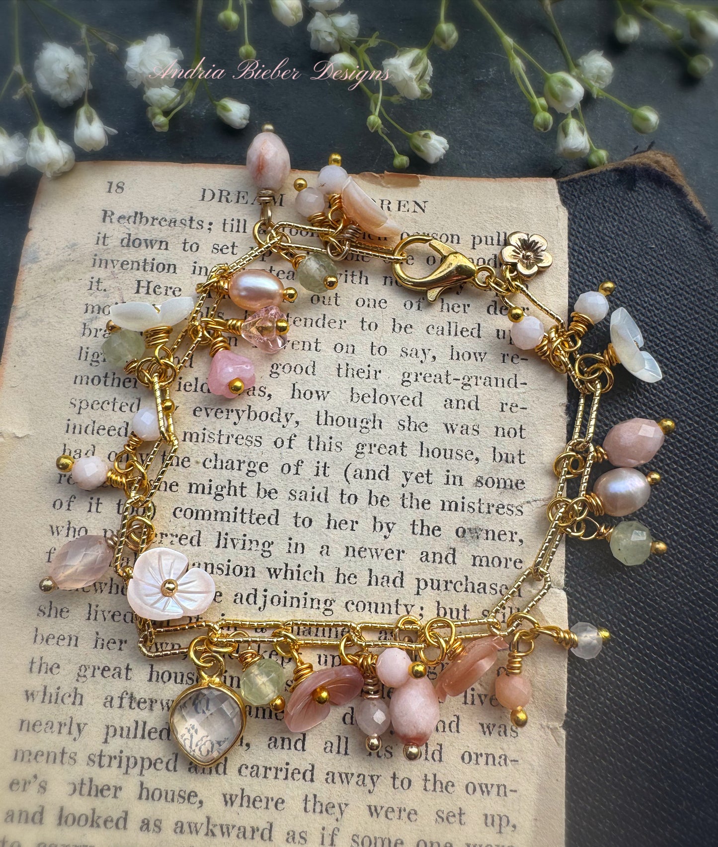 Pink opal, pink shell blossoms, pearls, peridot, rose quartz, gold charm, 14K Heavy Gold Plated Chain, vermeil gold, bracelet.