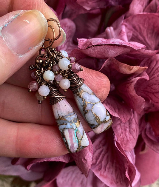 Pink opal drops, pink tourmaline, Pink opal faceted stones, copper metal earrings