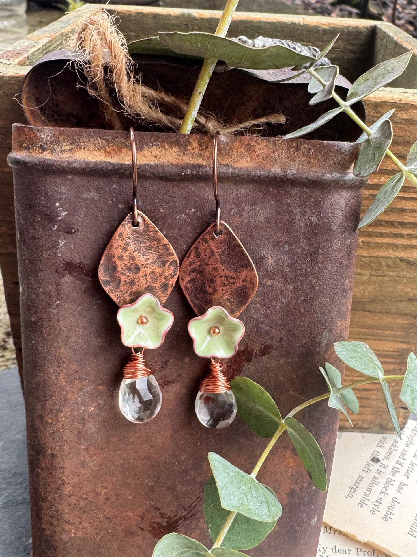 Enamel bead caps, copper metal, green amethyst, earrings