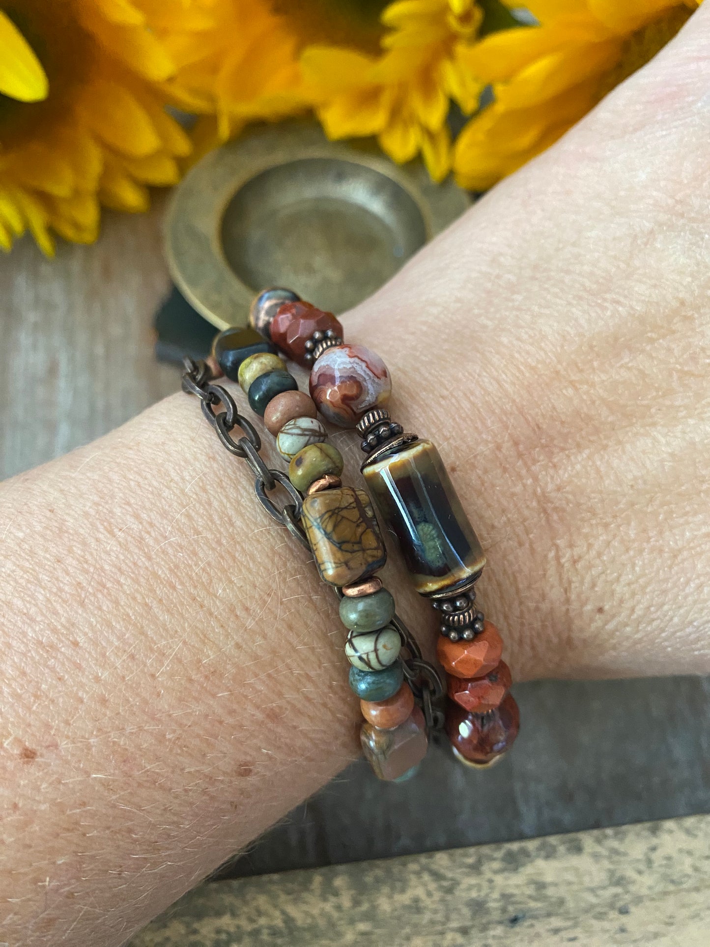 Red creek Jasper stone, ceramic, multi strand, copper metal bracelet.