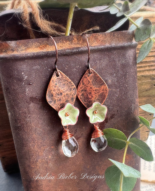 Enamel bead caps, copper metal, green amethyst, earrings