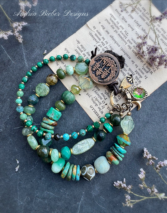 Green stones, turquoise and handmade button clasp.