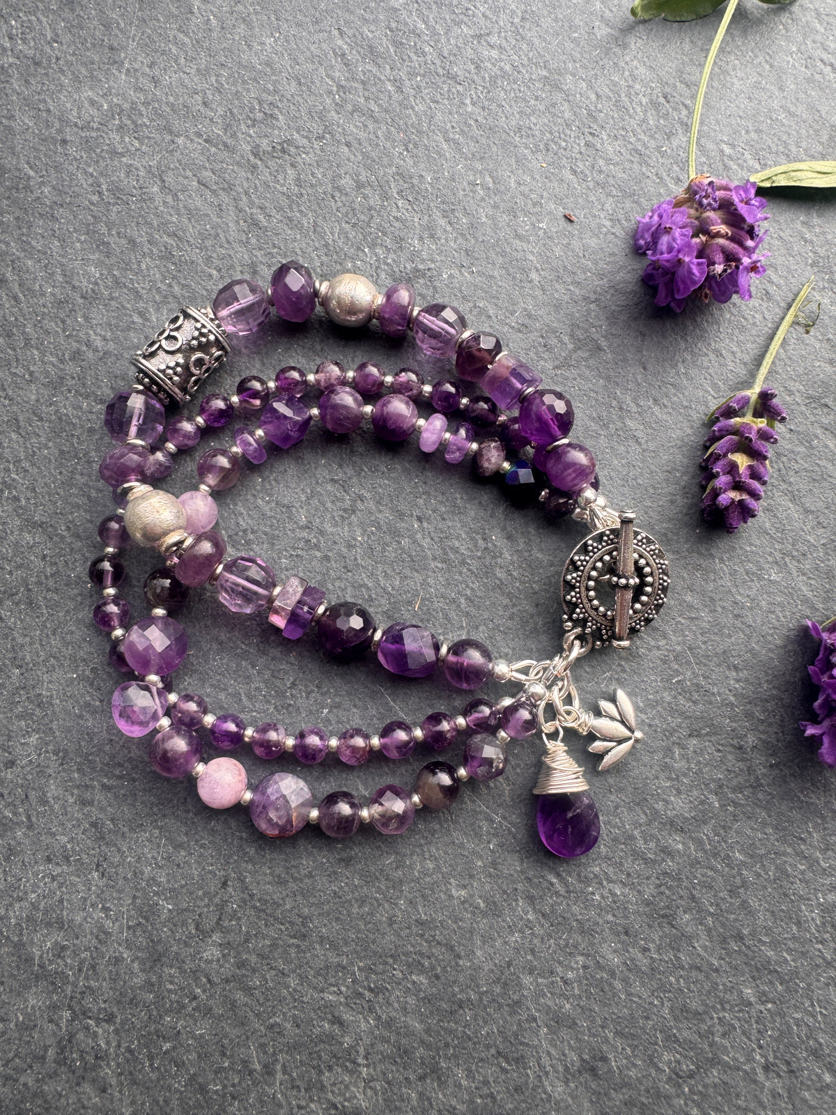 amethyst stone, silver metal, multi strand, bracelet