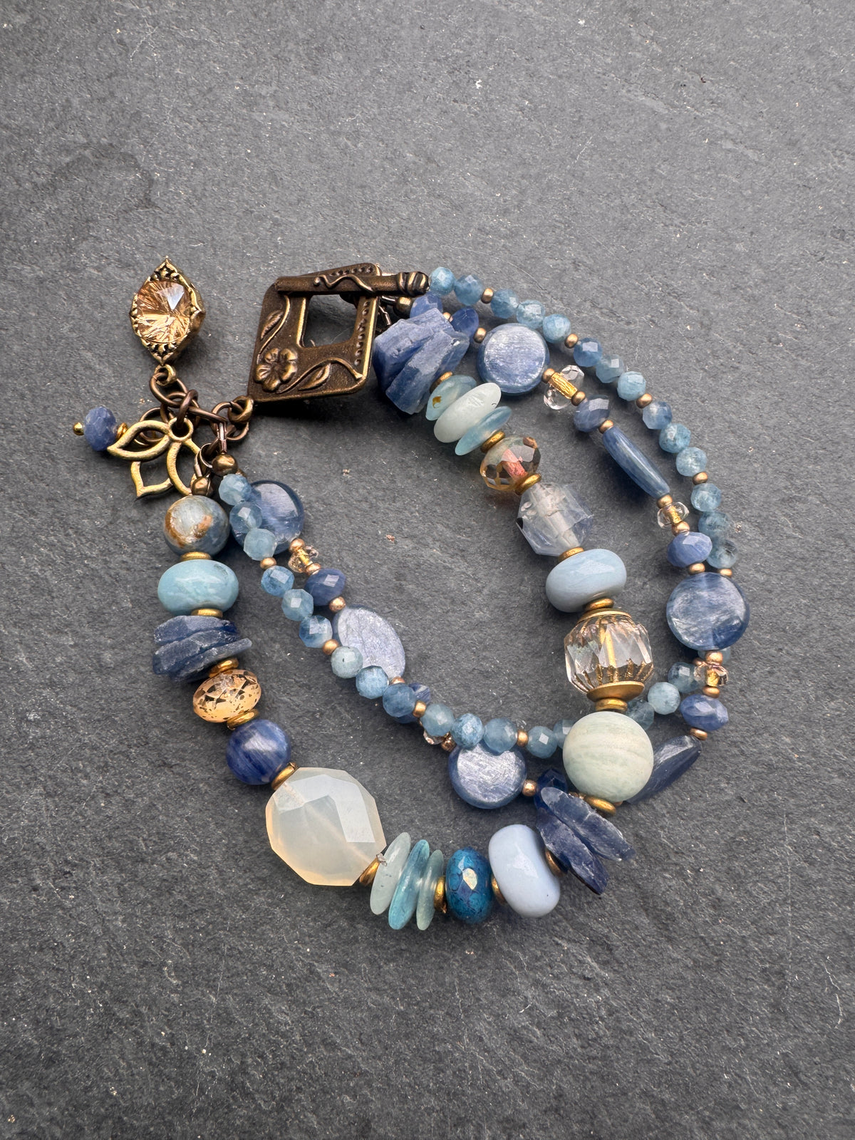 Kyanite, Chalcedony, blue opal, aquamarine stone, czech glass, brass, bracelet.