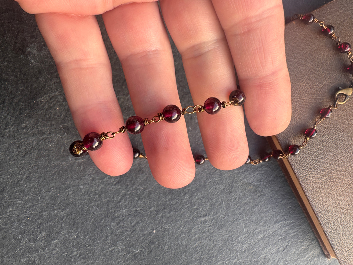 Garnet wire wrapped chain, antique brass metal, necklace, earrings, and bracelet set ￼