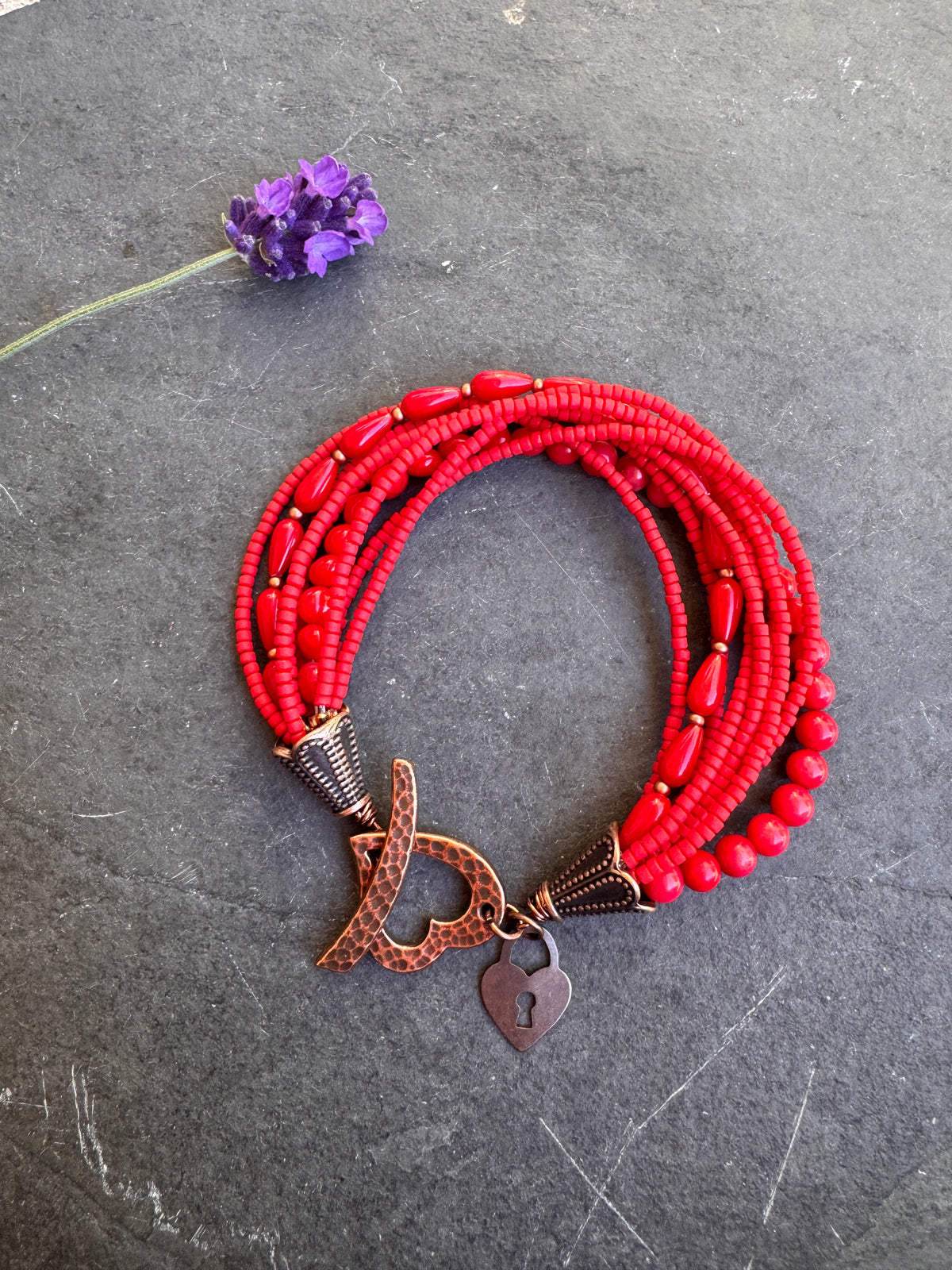 Coral beads, Red glass seed bead, copper metal, bracelet