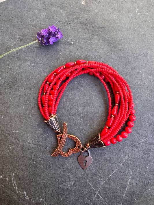 Coral beads, Red glass seed bead, copper metal, bracelet