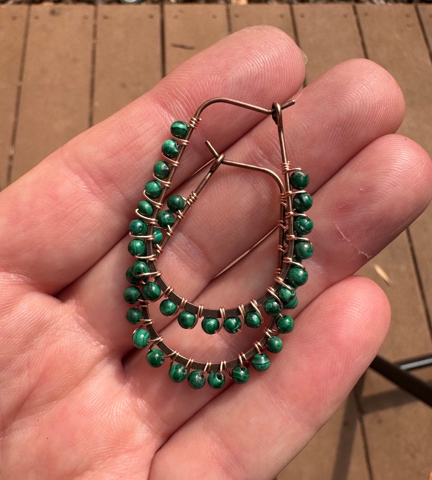 Malachite stone, copper metal hoop, earrings
