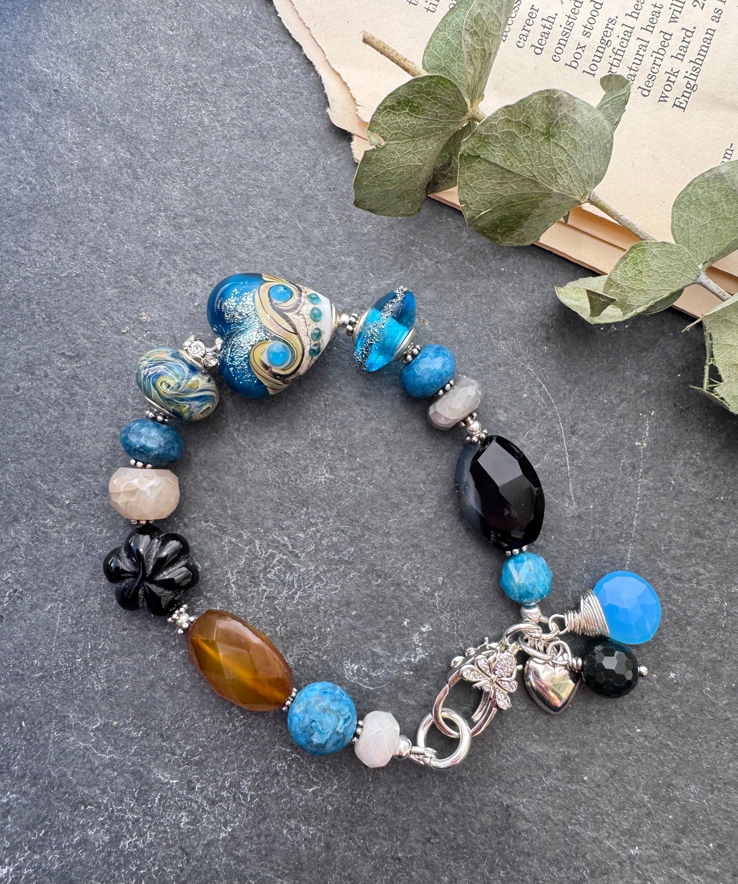 Apatite, handmade lampwork glass, agate, silver metal, bracelet