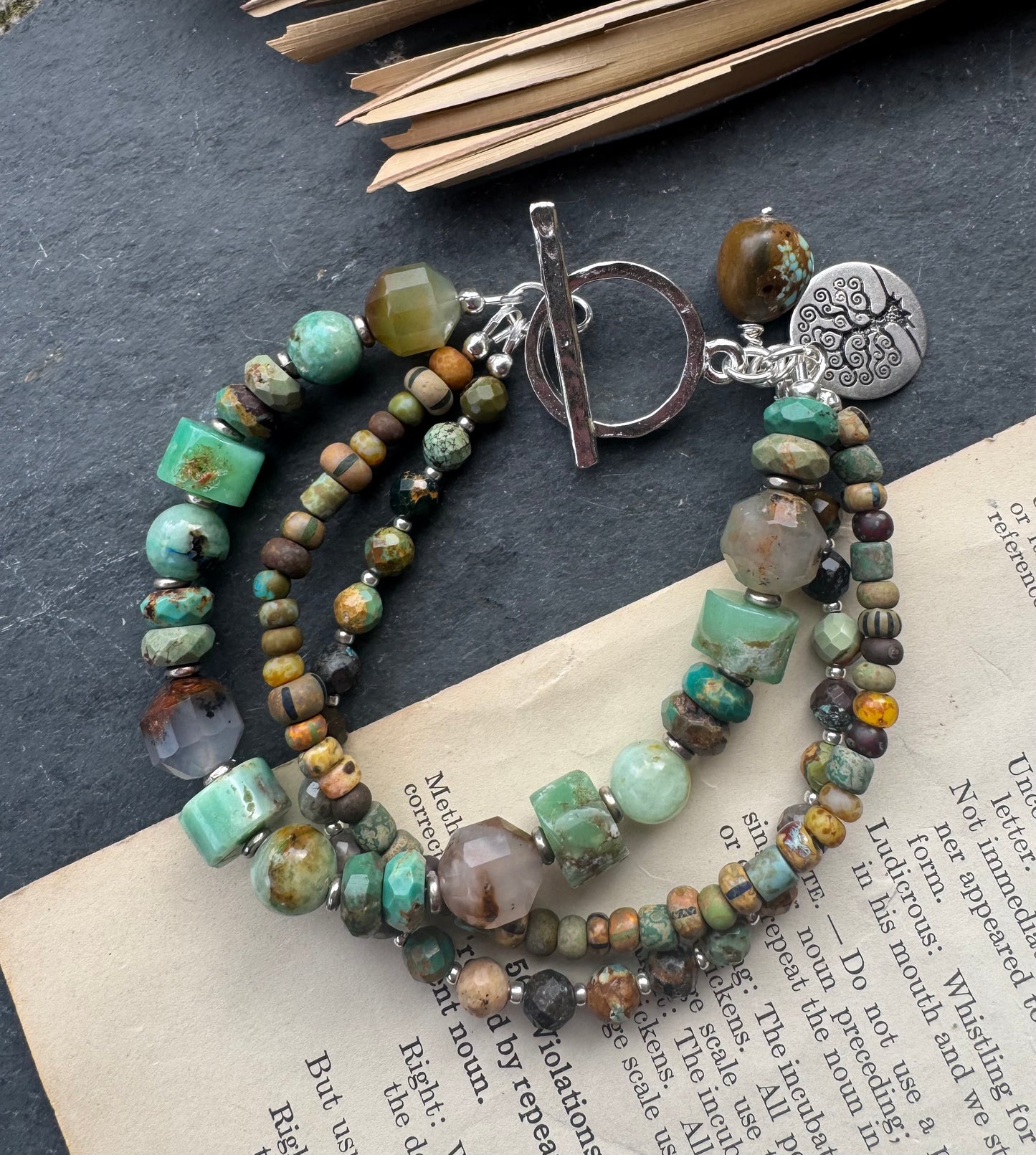 Turquoise, chrysoprase stone, Czech glass, silver, bracelet