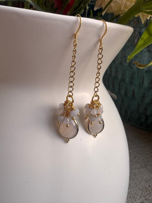 Blue agate stone, gold metal, drop earrings