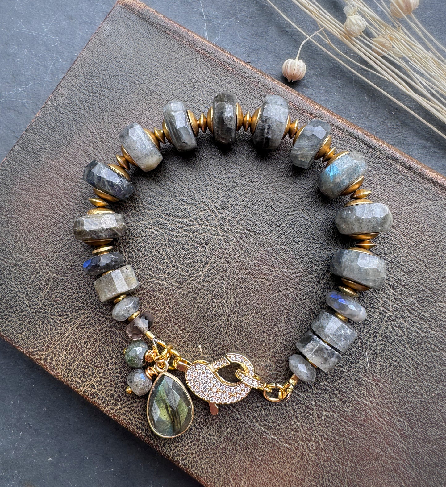 Labradorite faceted stone, rhinestone,  bracelet.