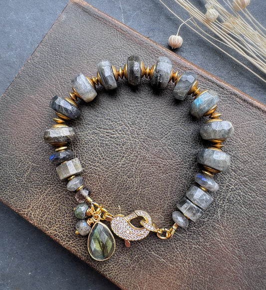 Labradorite faceted stone, rhinestone,  bracelet.
