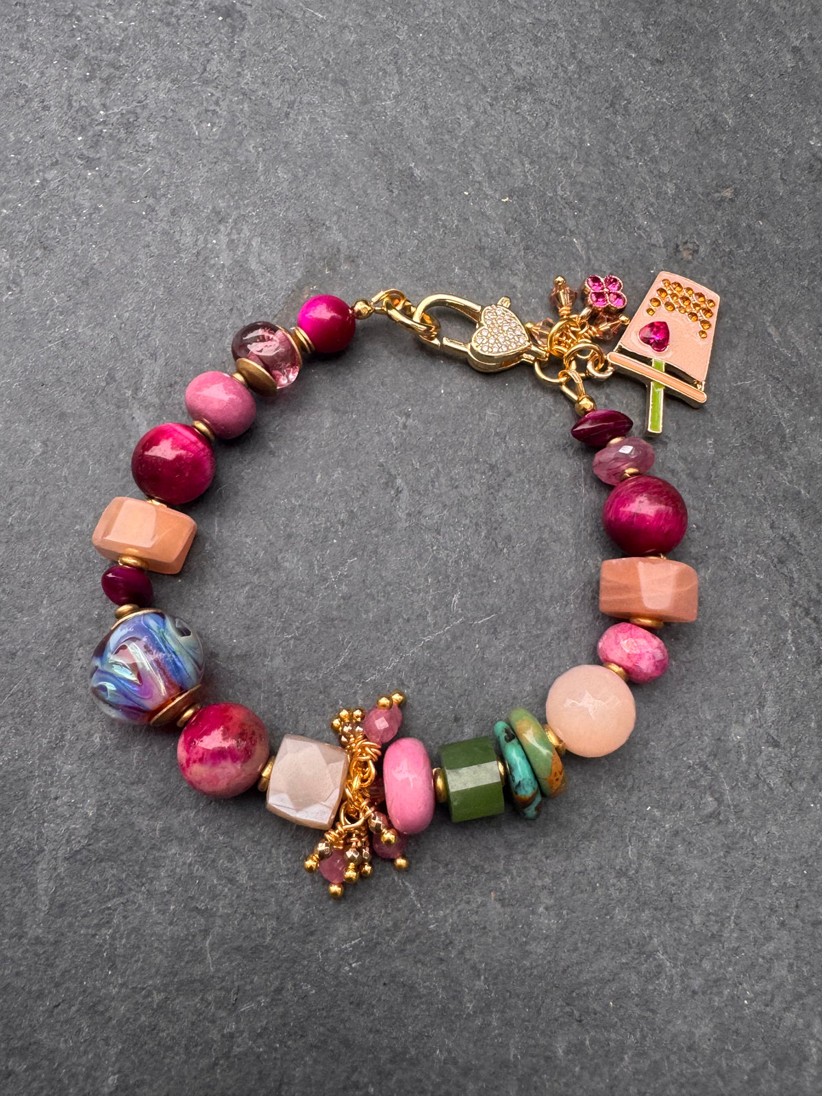 Handmade lampwork, pink tiger eye, peach moonstone, pink moonstone, turquoise, jade, pink opal, Rhinestone heart clasp. Cofee heart charm.