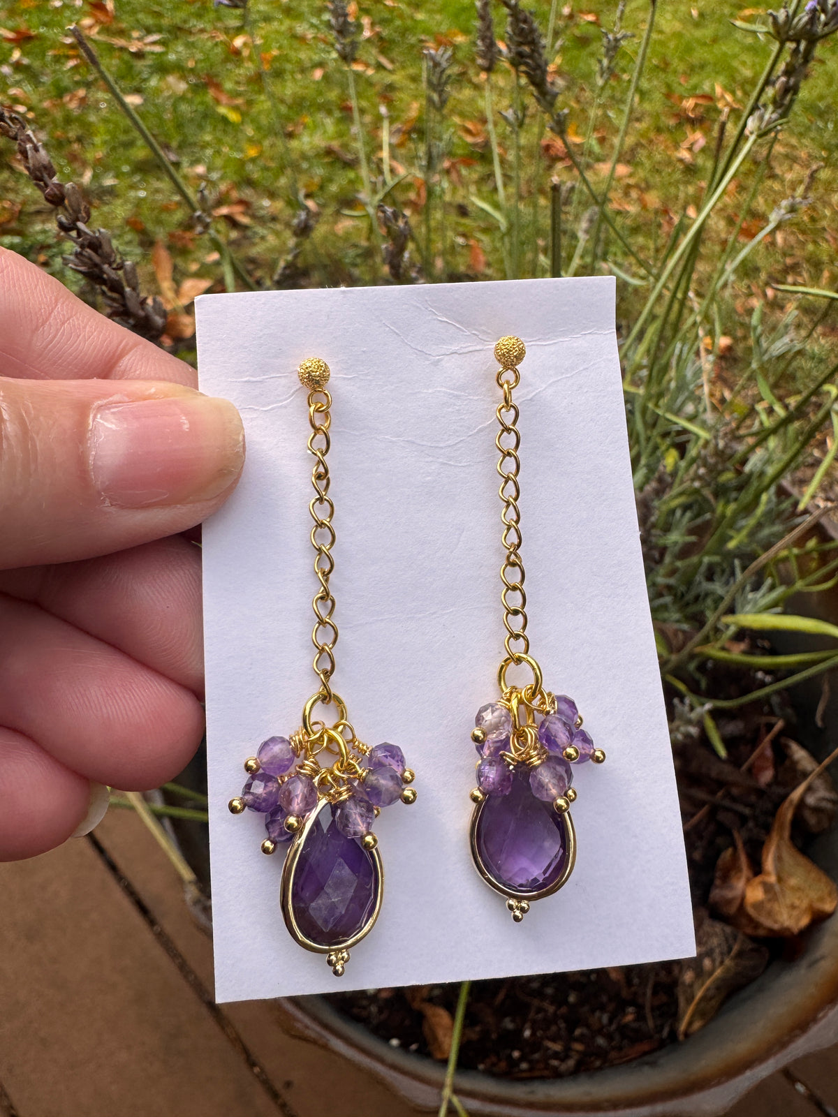 Amethyst stone, gold metal, drop earrings