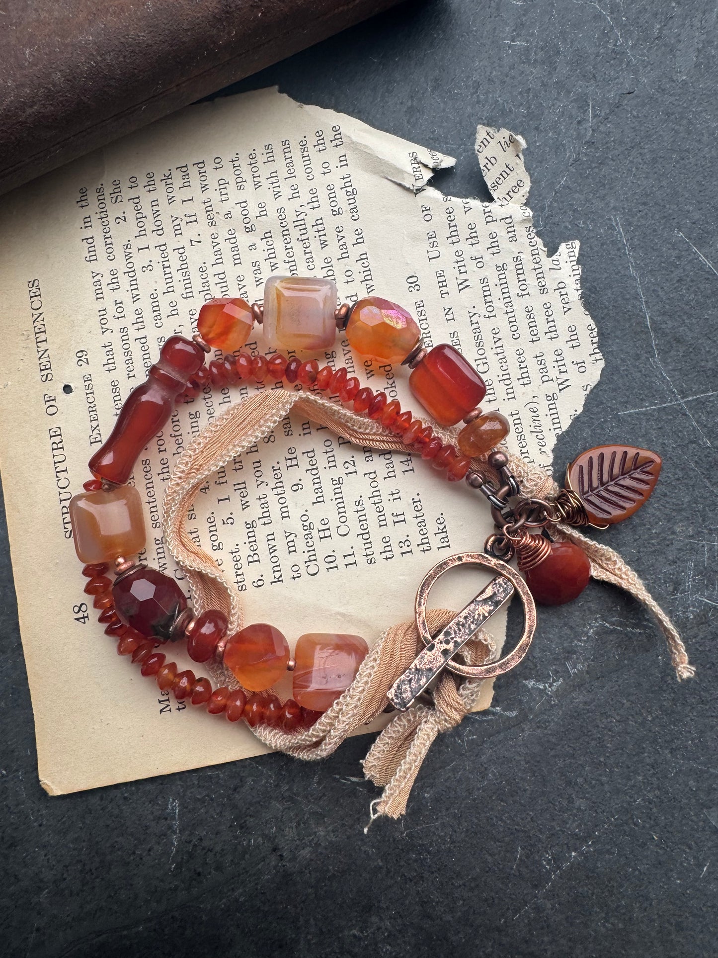 carnelian agate, silk ribbon, copper, bracelet