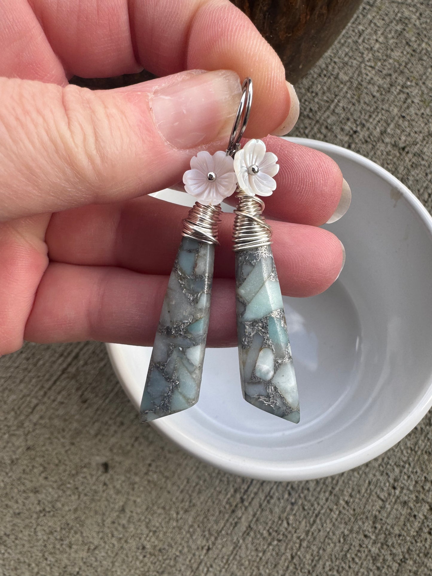 Mixed Jasper, white shell, silver metal,  earrings, jewelry