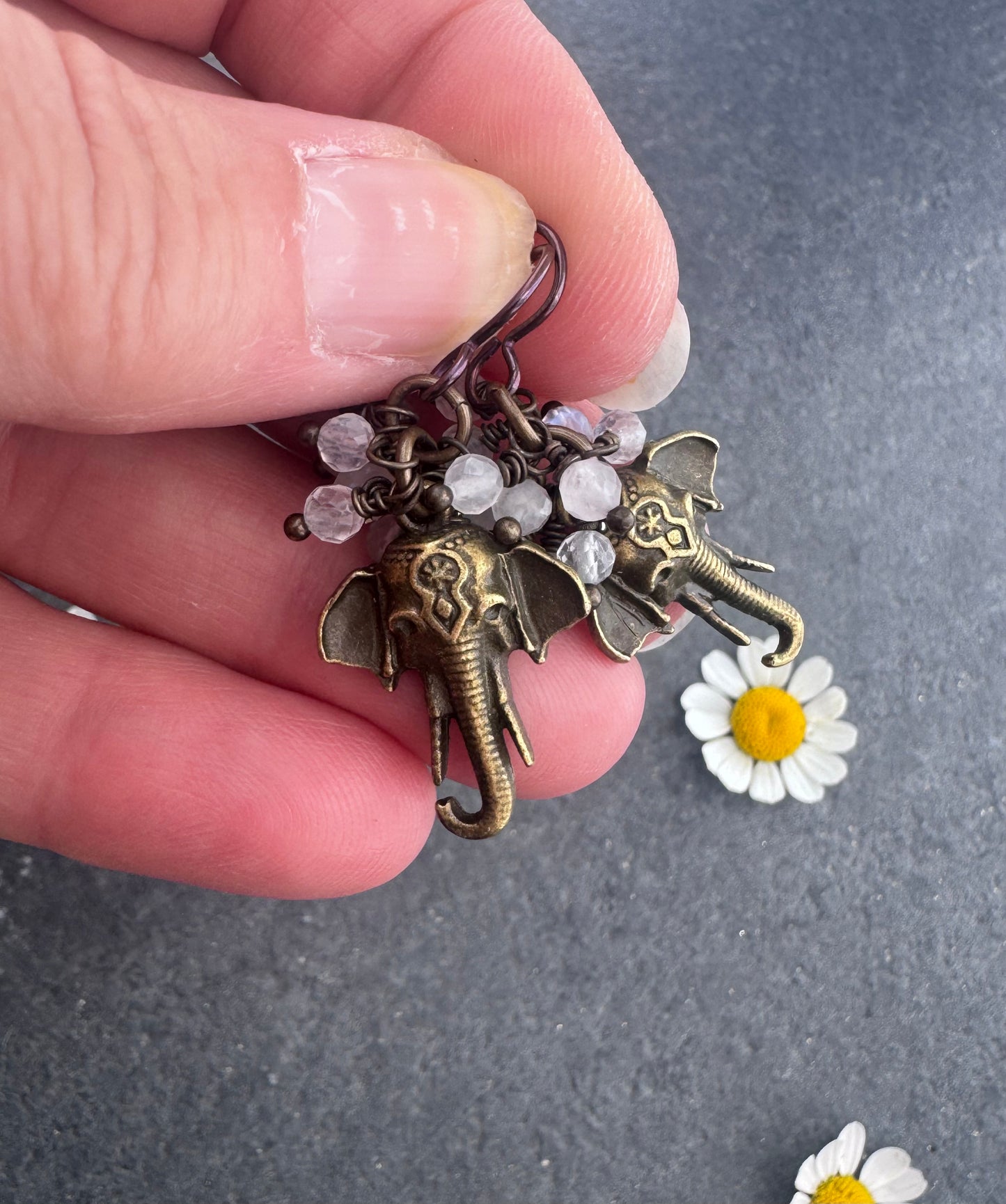 Moonstone, Elephant charms, brass metal, earrings