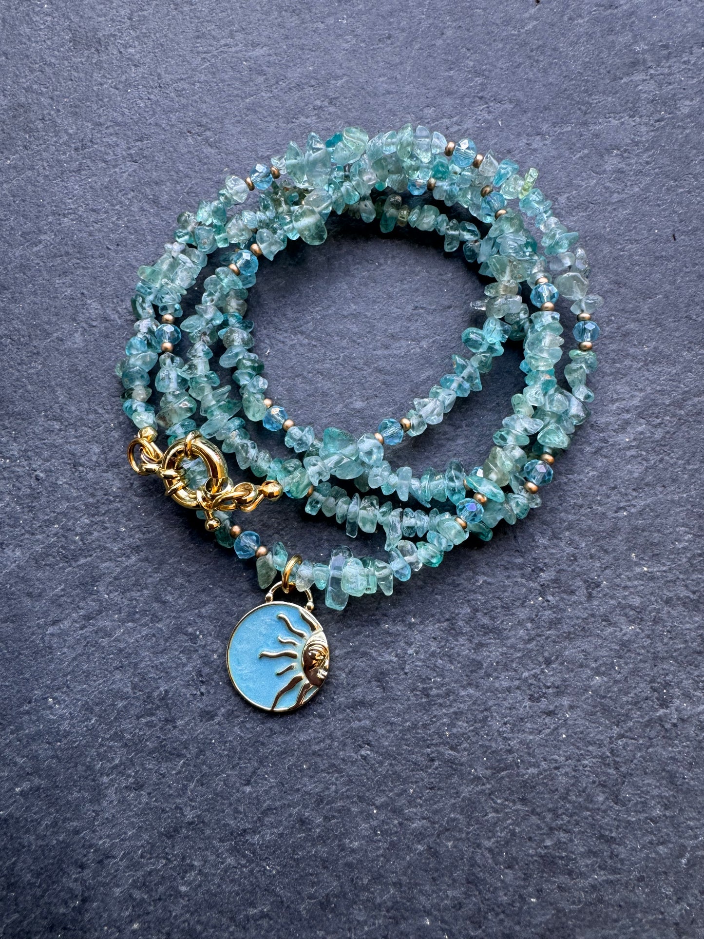 Apatite stone chip, charm, gold metal, wrap bracelet or necklace
