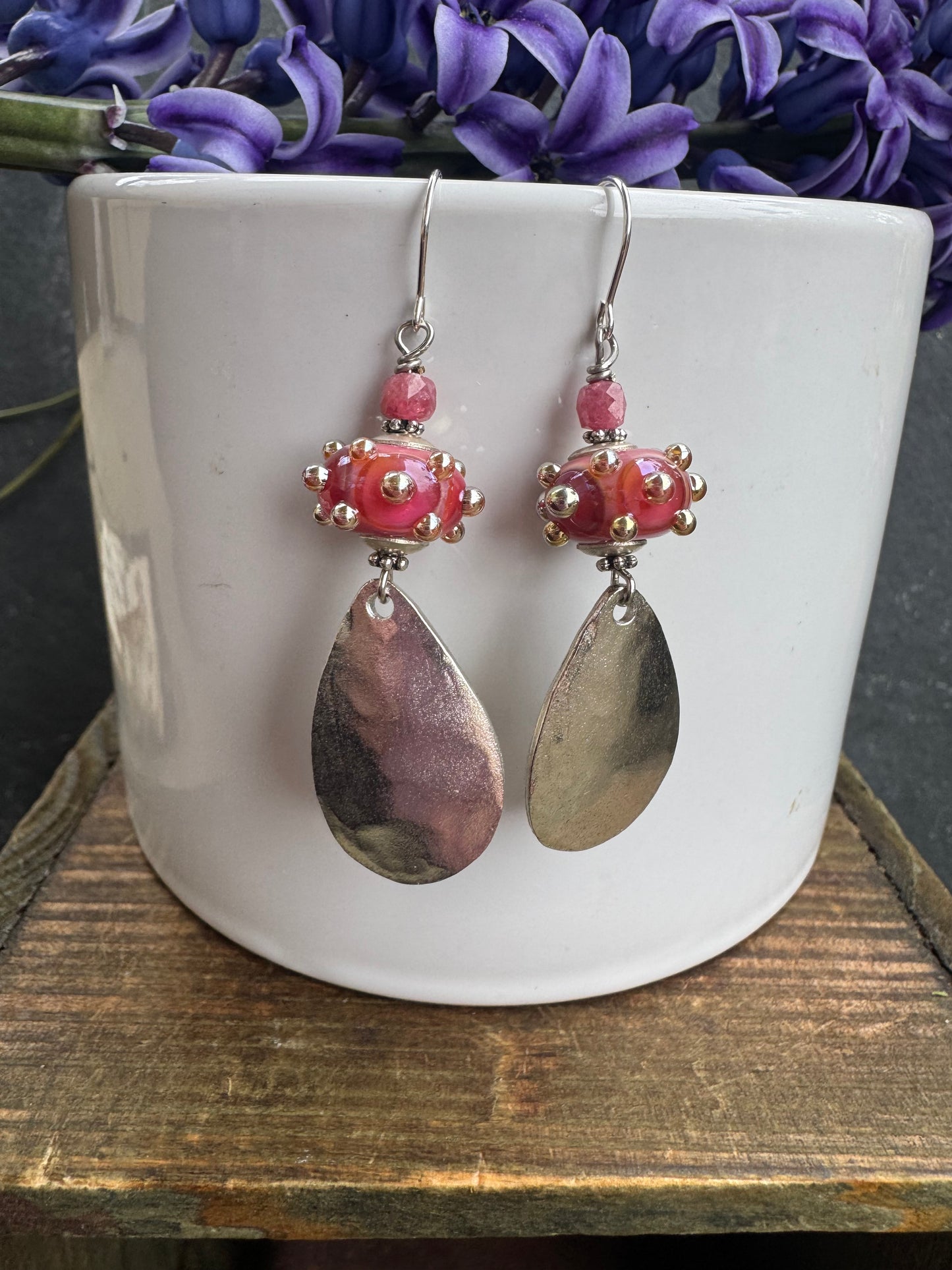 Handmade lampwork glass, silver charm, earrings
