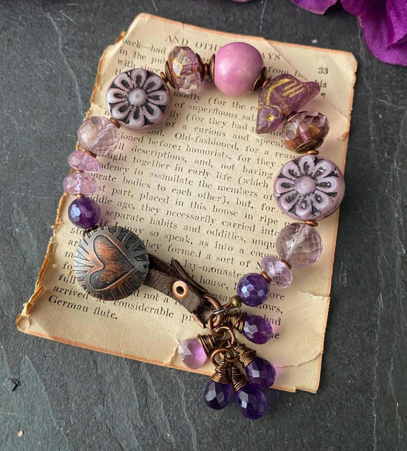 Purple. Czech glass, amethyst stone, ceramic, copper metal, bracelet, jewelry
