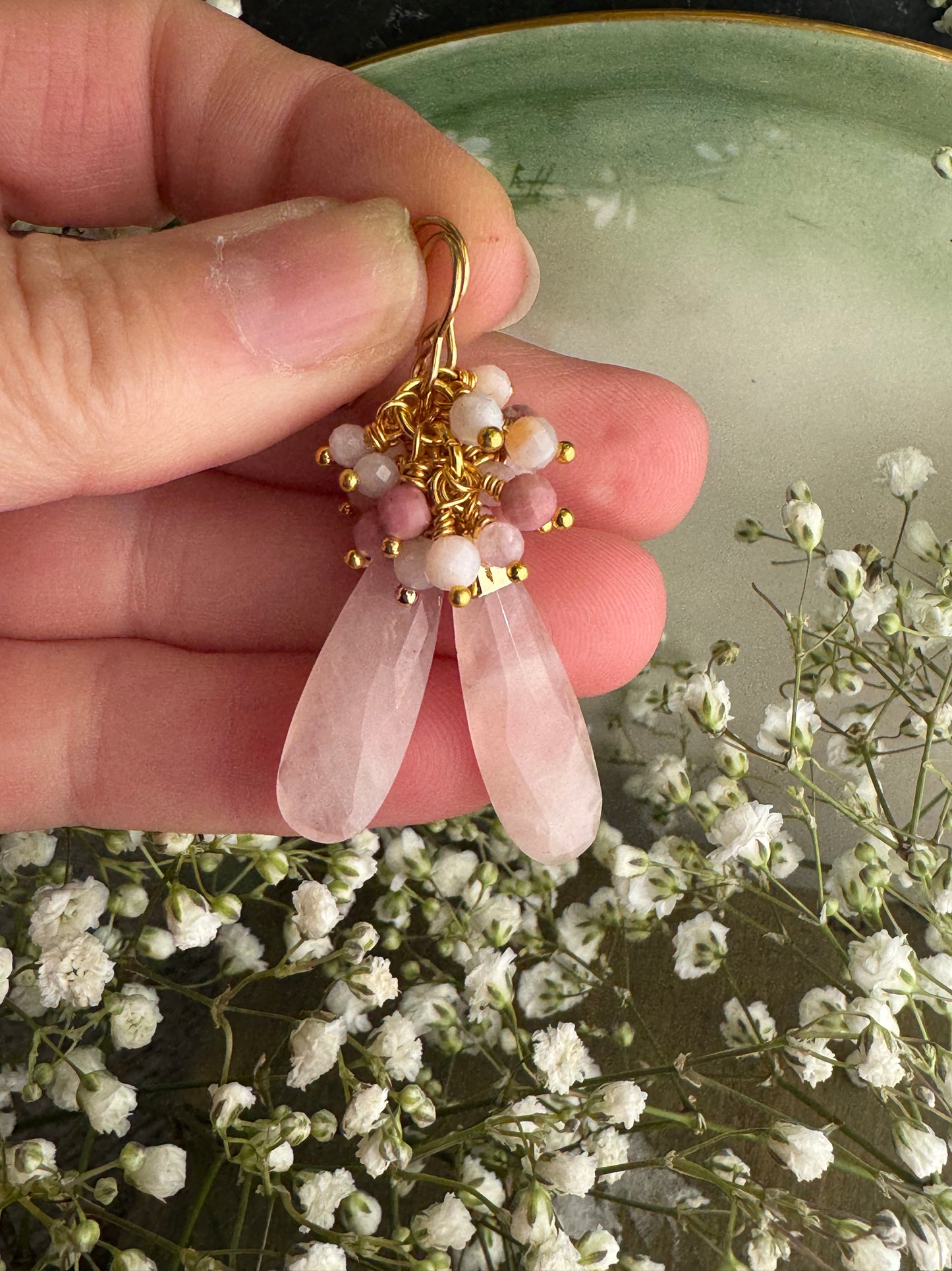 Rose quartz drops, pink Opal , gold metal, earrings