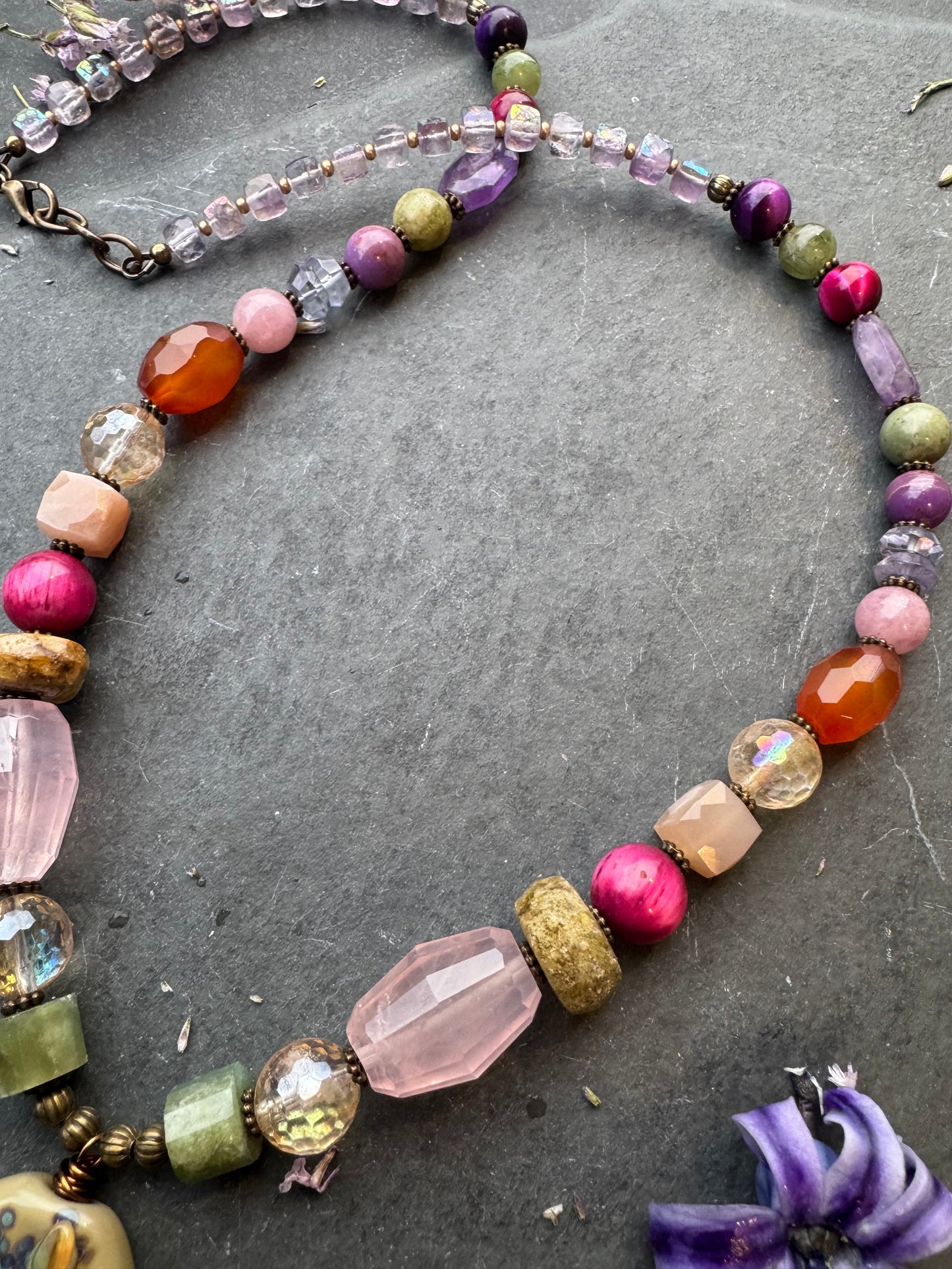 Handmade lampwork glass pendant, mixed gemstone, bronze metal necklace