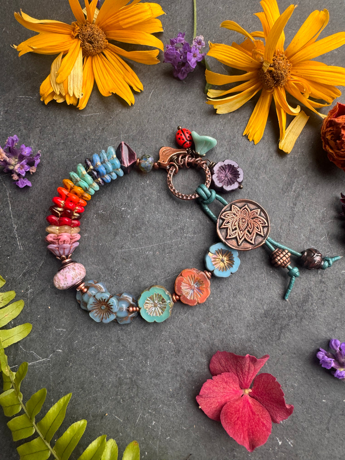 Lotus flower. Czech glass, handmade lampwork glass, ceramic, handmade lotus flower copper button, bracelet.
