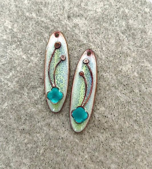 Enamel charm in glass and copper metal, enamel teal flower bead caps, kingman turquoise, earrings