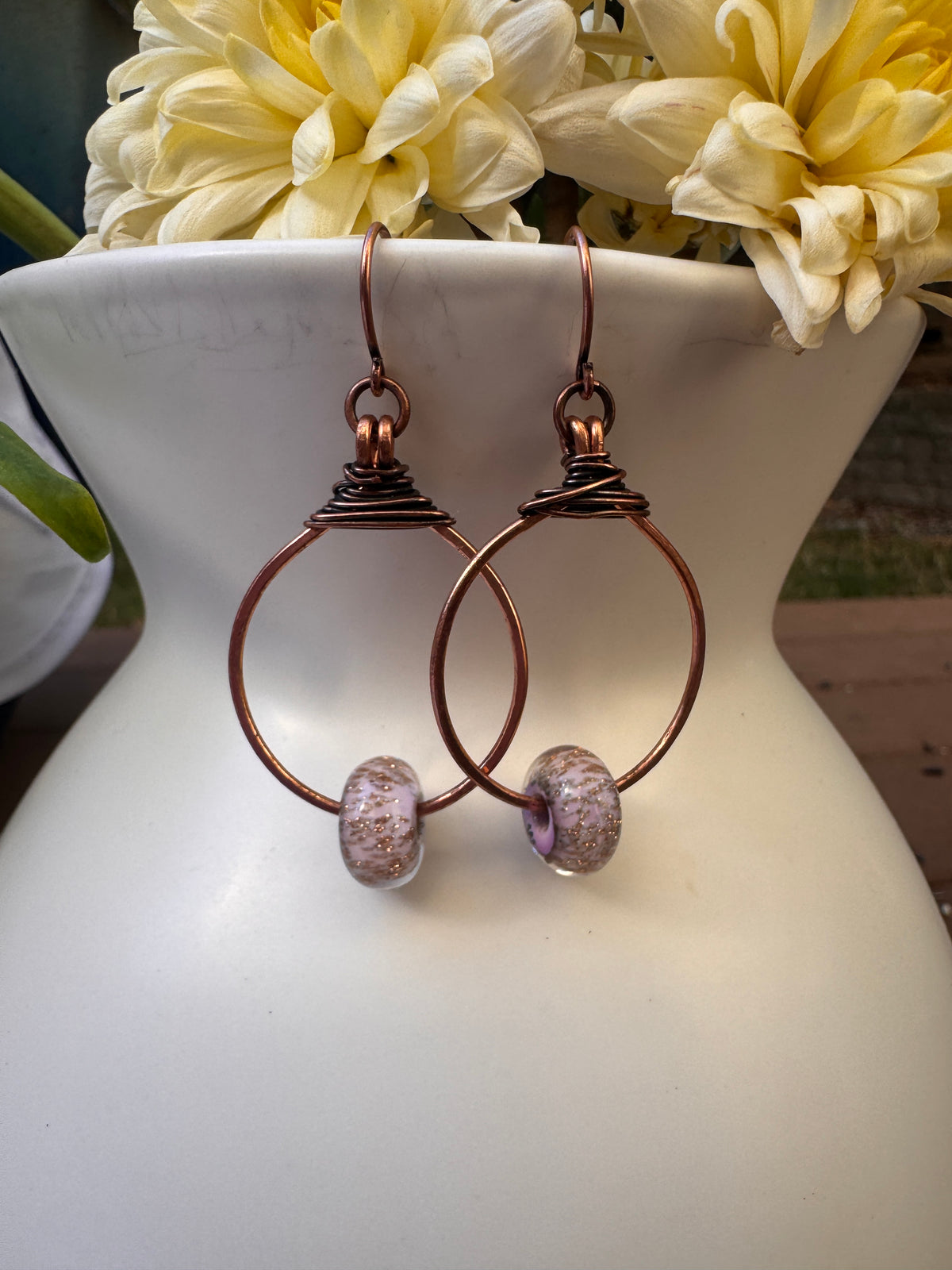 Handmade purple and copper sparkle lampwork glass, and copper metal hoop earrings