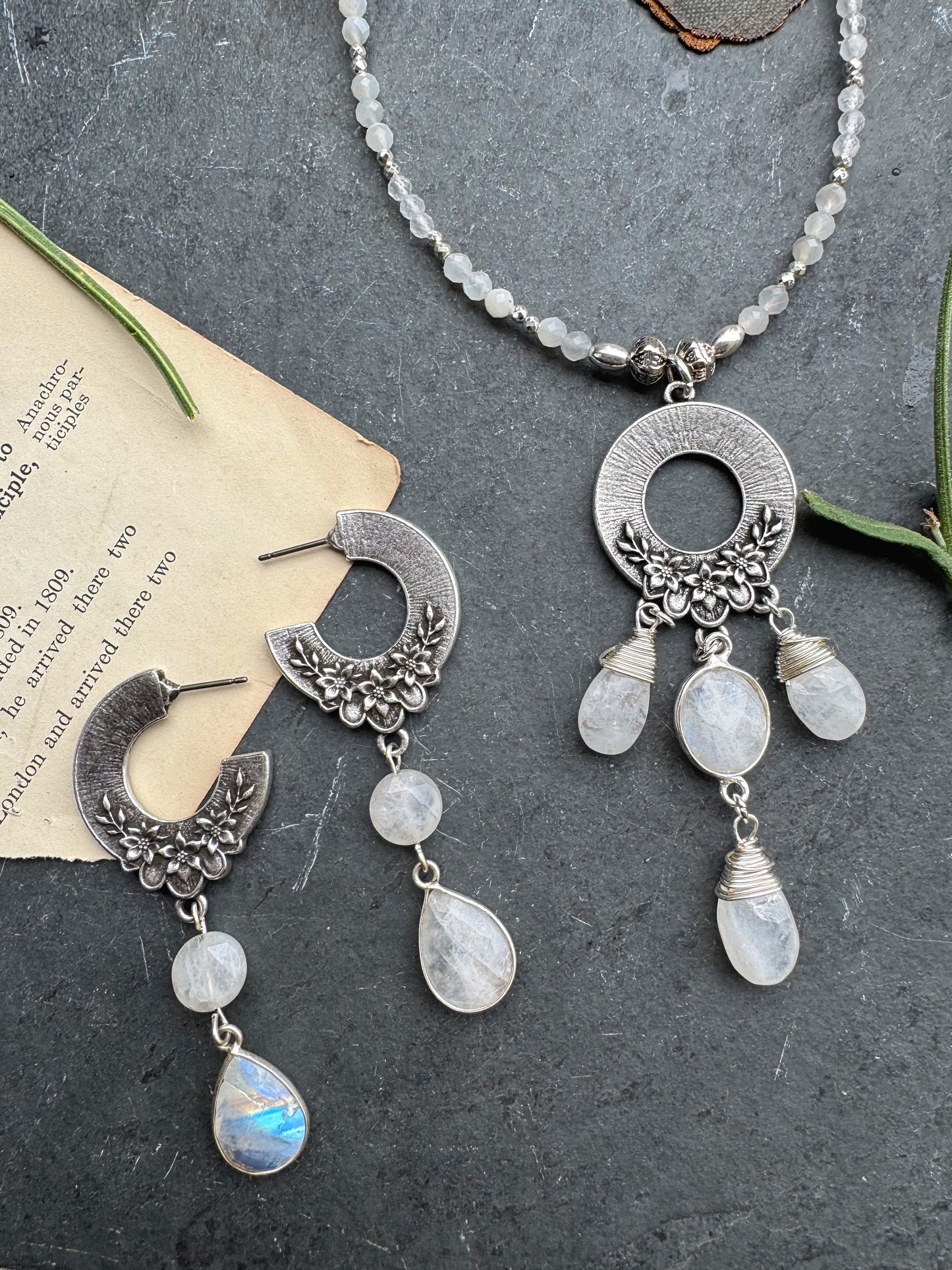 Moonstone and Sterling silver, necklace and earrings set