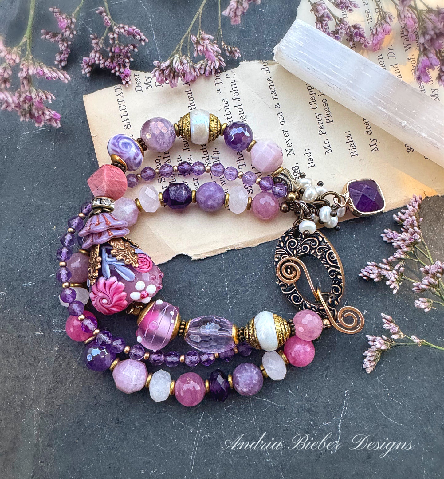 Rose quartz, pink tourmaline, amethyst, pearls, Czech pass, rhodochrosite, pink jade, handmade lampwork glass, handmade bronze clasp, bracelet