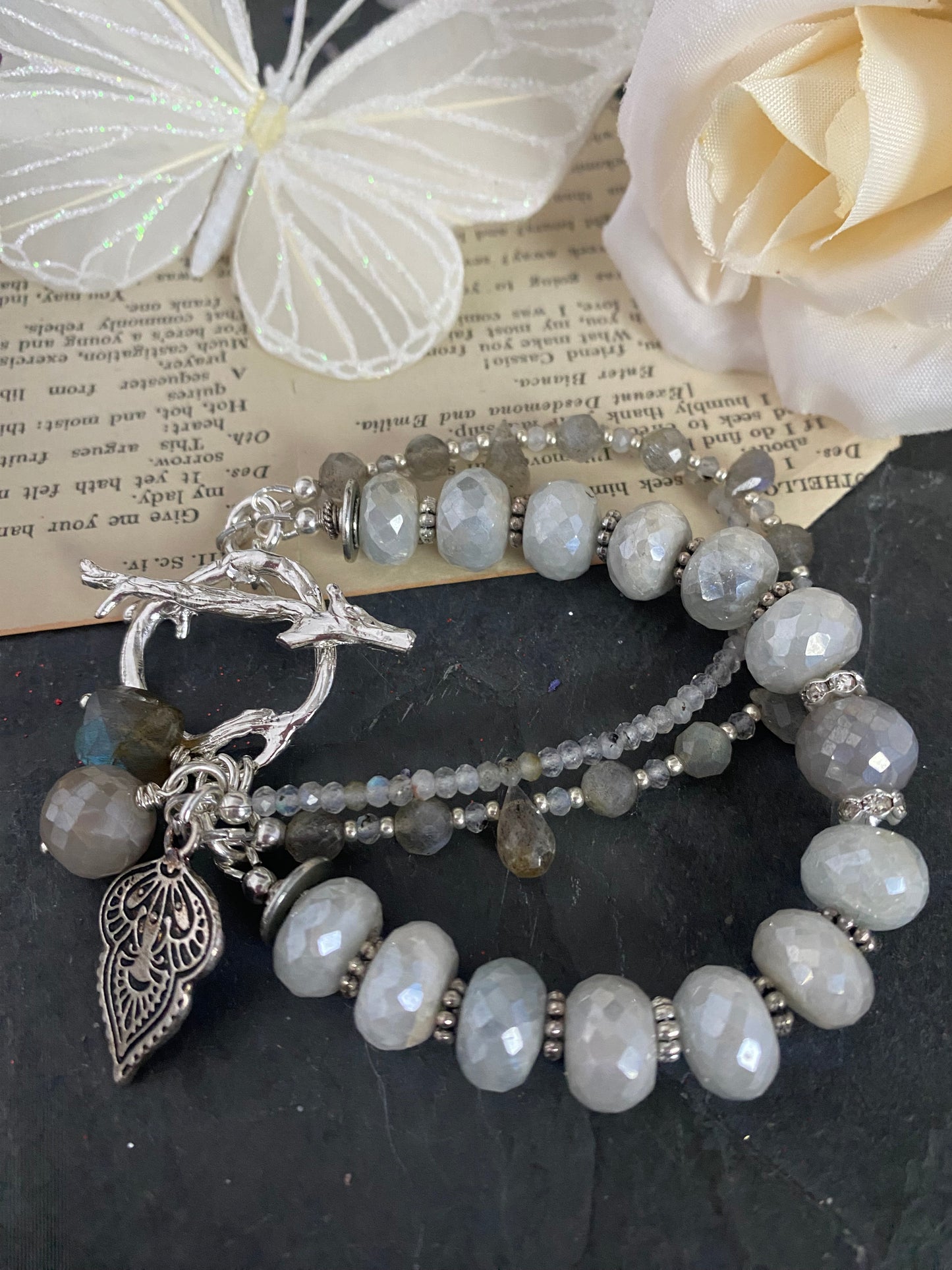 Moonstone, labradorite stone, silver metal, bracelet, jewelry