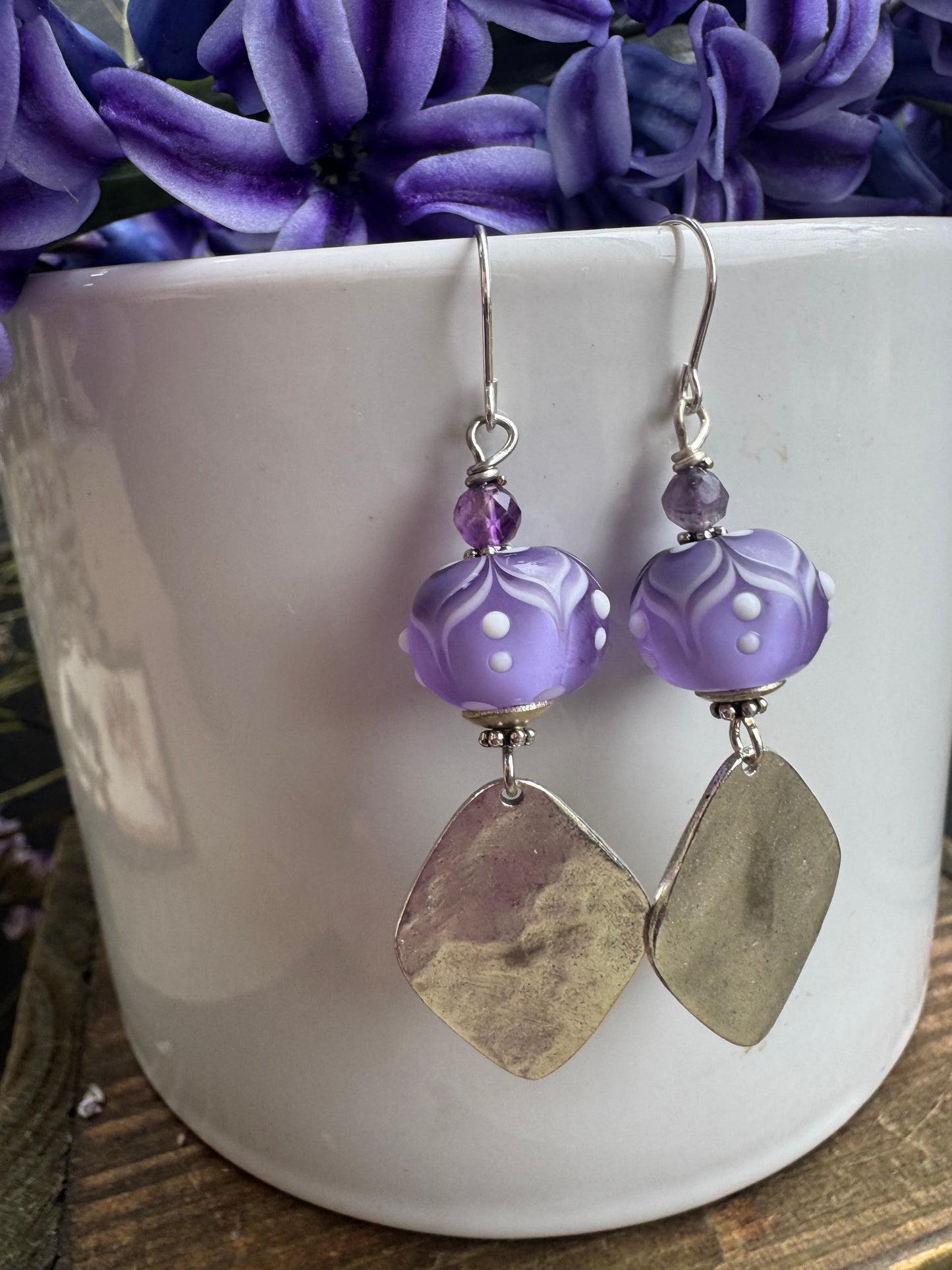 Handmade lampwork glass, silver charm, earrings
