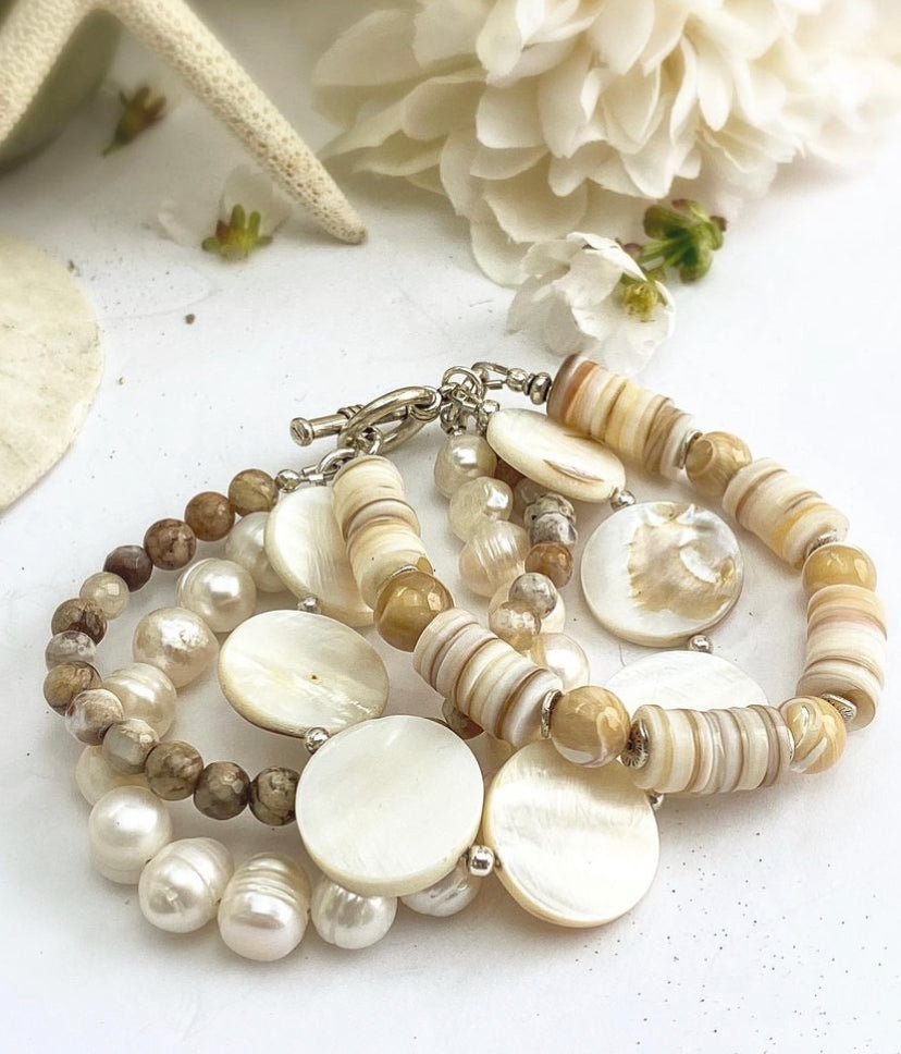 Pearl, agate stone, shell, multi strand, silver metal, bracelet, jewelry. - Andria Bieber Designs 